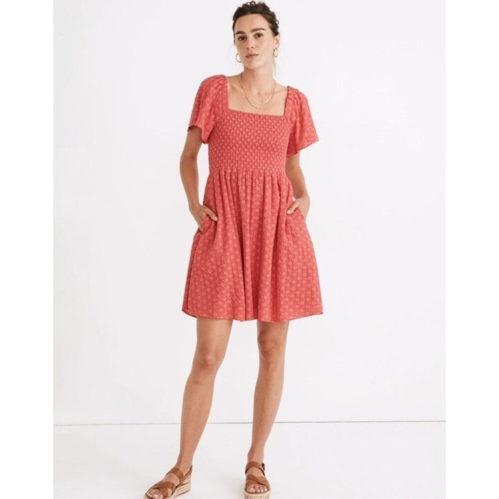 Madewell Women's Eyelet Lucie Smocked Mini Dress Size XXL Red Pink w Pockets